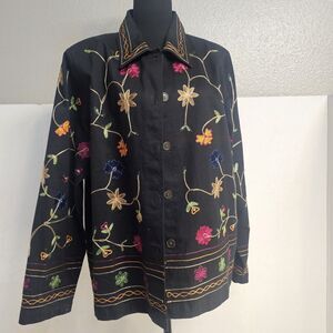 Denim & Co Embroidered Black Floral Multicolored Blazer Jacket Sz XL Boho V538